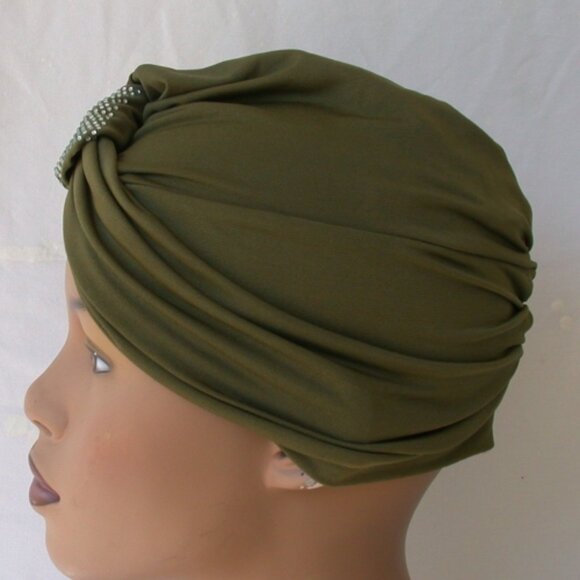 Olive Green Instant Turban Cap Fun and Flirty Fashion Hat - Picture 2 of 3